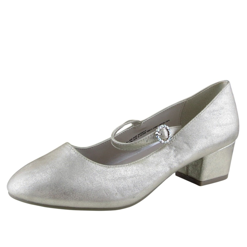 Silver Mary Jane Low Block Heel Pumps for Women